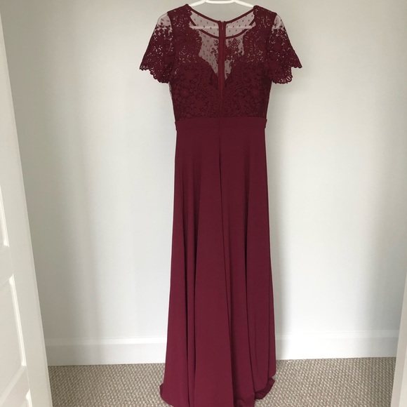 Burgundy Lace Bodice Maxi Dress with Cap Sleeves and Leg Slit from Maniju - Picture 12 of 12